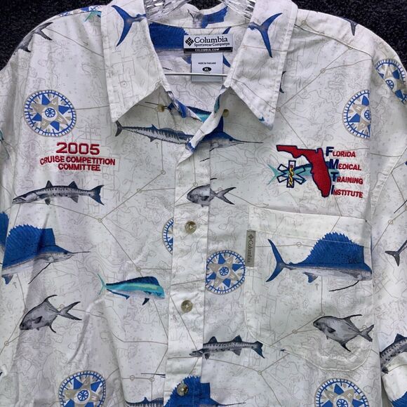 2005 Columbia PFG FMTI Button Up White Short Sleeve Fishing Fish Shirt Mens XL - Picture 2 of 8